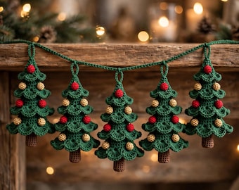 May include: A crochet garland featuring five green Christmas tree ornaments suspended from a matching green yarn string. Each tree has a brown trunk, scalloped branches, and small red and gold spherical accents attached to the foliage.