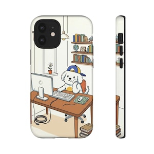 May include: A phone case featuring a cartoon dog wearing a blue and yellow cap, sitting at a desk with a computer, keyboard, and mouse. The background shows a bookshelf, window, and desk lamp. The case is white with black accents.
