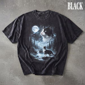 Tuxedo Cat Howling at the Moon T-Shirt, Vintage 90s Cat Graphic Tee Funny Cat Lover Shirt, Mystical Forest Waterfall Cat Owner Gift