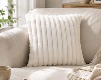 Ribbed Faux Fur Pillow Cover, Cozy White Nordic Sofa Decor, Soft Accent 45x45