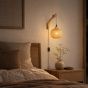 Könnte beinhalten: Eine Wandleuchte mit einem geschwungenen, hellen Holzarm und einem geflochtenen Bambus-Lampenschirm. Die Lampe strahlt ein warmes Licht aus und hängt an einem stoffummantelten Kabel mit integriertem Schalter über einem hölzernen Nachttisch.