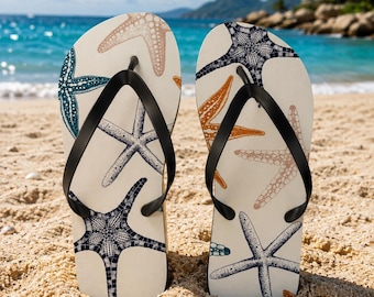 Starfish Flip Flops, Coastal Summer Sandals, Nautical Ocean Print Footwear