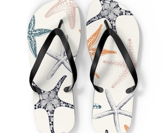 Seestern-Flip-Flops, sommerliche Sandalen im Küstenstil, maritimer Ozean-Print, minimalistische Strandschuhe