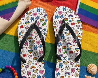 Tongs LGBTQ+, sandales arc-en-ciel, cadeau LGBTQ+, claquettes de plage colorées pour l'été, chaussures pour le mois des fiertés, sandales de vacances unisexes