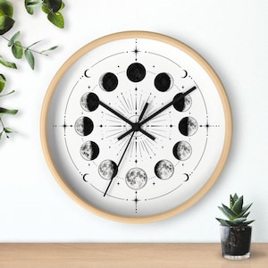 Maanfase wandklok | Hemels houten uurwerk | Heksenachtige woondecoratie | Boho astrologisch cadeau | Mystieke maanfase decoratie | Wandklok