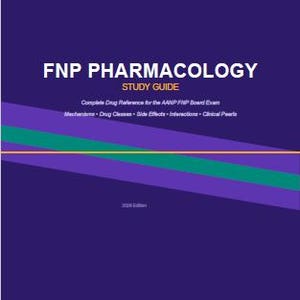 Może przedstawiać: Ciemnofioletowa okładka podręcznika zatytułowana FNP PHARMACOLOGY STUDY GUIDE. Podtytuł brzmi Complete Drug Reference for the AANP FNP Board Exam, Mechanisms, Drug Classes, Side Effects, Interactions, Clinical Pearls oraz 2024 Edition.