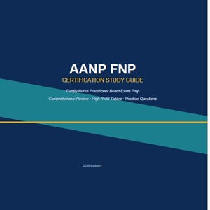 Peut inclure: Une couverture de guide d'étude bleu foncé avec des bandes diagonales sarcelle et une fine ligne horizontale jaune. Le texte indique AANP FNP CERTIFICATION STUDY GUIDE, Family Nurse Practitioner Board Exam Prep, Comprehensive Review, High-Yield Tables, Practice Questions, 2026 Edition.