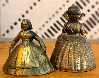 Vintage Brass Figural Lady Dress Bells Pair England Belgium Colonial Victorian