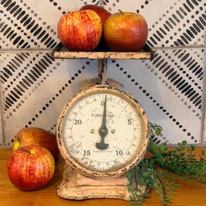 May include: A vintage metal kitchen scale with a distressed cream finish and a round dial face marked Family Scale. The scale features a flat top platform holding two red and yellow apples, with two additional apples placed at the base.