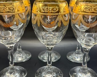 Juego de 6 copas de vino vintage checas de cristal dorado estilo bohemio con guirnalda dorada grabada, vasos estilo Hollywood Regency Empire Revival Barware