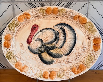 Vintage Ceramic Turkey Platter 18.5” Thanksgiving Harvest Embossed Serving Tray