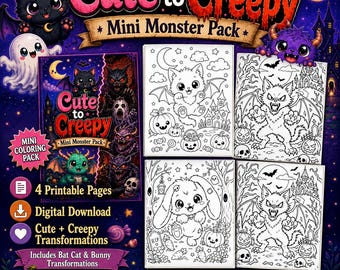 Mini Monster Malpaket, gruselige Halloween-Malseiten (4 digitale Downloads)