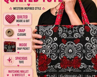 Handmade Quilted Tote Bag | Western Bandana Rose Print, Snap Closure Quilted Purse