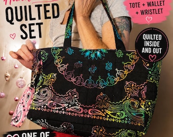 Quilted Tote Bag Set Handmade | Matching Wallet Wristlet | Boho Bandana Purse | Gift for Women