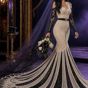 May include: A floor-length gown featuring a beige crochet bodice with long black lace sleeves and a sweetheart neckline. The skirt displays alternating panels of beige and black crochet, ending in a wide, scalloped hem with white bead accents.