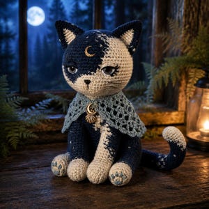 Könnte beinhalten: Ein gehäkeltes Katzen-Stofftier aus dunkelblauem und cremefarbenem Garn mit einem Mondsichel-Symbol auf der Stirn, einem blauen Spitzenumhang und einem goldenen Mondsichel-Anhänger am Halsband, dargestellt in einer sitzenden Position.