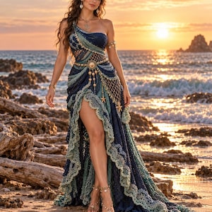 May include: A floor-length, one-shoulder crochet gown in shades of navy and seafoam green, featuring a high-slit skirt, intricate net-like detailing, a waist belt adorned with shells and pearls, and matching starfish accents on the skirt.