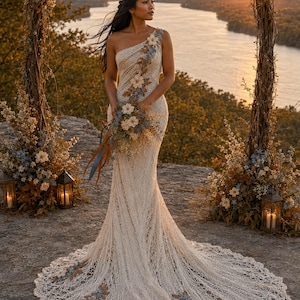 May include: A floor-length, one-shoulder cream-colored lace gown featuring a fitted silhouette that flares at the hem. The dress is adorned with delicate floral appliqués in shades of blue and white, extending from the shoulder to the skirt.