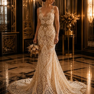 Peut inclure: Une robe longue sans manches présentant un motif en dentelle crochetée de couleur crème sur une doublure ton chair. La robe possède un décolleté en V profond, un corsage ajusté avec un détail doré à la taille et une jupe évasée avec une traîne.