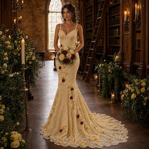 May include: A floor-length, cream-coloured lace gown with a mermaid silhouette, featuring a sweetheart neckline and thin straps. The dress is adorned with cascading three-dimensional floral appliqués in shades of yellow, cream, and deep red.