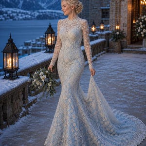 May include: A floor-length, long-sleeved gown featuring a high neckline and an intricate white lace overlay atop a pale blue fabric. The dress has a fitted bodice that flares into a mermaid-style skirt with a train, held by a hand at the side.