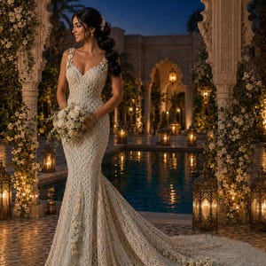 May include: A floor-length, off-white lace wedding dress featuring a deep V-neckline, thick straps, and a fitted bodice that flares into a long, sweeping train. The intricate, open-work lace pattern is accented with small, delicate floral appliqués.