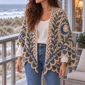 May include: A beige crochet shawl featuring intricate dark green leaf patterns and a blue crescent moon with a white star. The garment has an open-front design with a scalloped edge, layered over a white long-sleeve top and blue denim jeans.