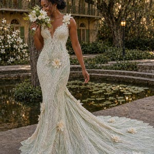May include: A floor-length, form-fitting gown featuring a deep V-neckline and thick straps. The dress is crafted from intricate white lace layered over a pale green fabric, adorned with three-dimensional floral appliqués throughout the bodice and skirt.