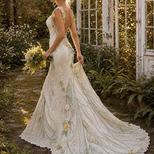 May include: A floor-length, sleeveless white crochet dress featuring a deep back, a fitted bodice, and a flared skirt with a train. The dress is adorned with delicate pale green leaf patterns and small yellow floral accents throughout the fabric.