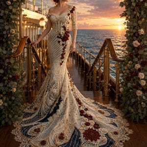 May include: A floor-length off-the-shoulder gown featuring intricate cream-colored lace overlay with a complex web-like pattern. The dress is adorned with deep red and white floral appliqués that cascade from the bodice down to the train.