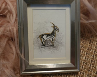 Original Miniature Painting, Goat Skeleton with Gold