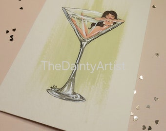 Original Acrylic Painting, Pin Up Burlesque Dancers in a Martini Glass, Drink Art