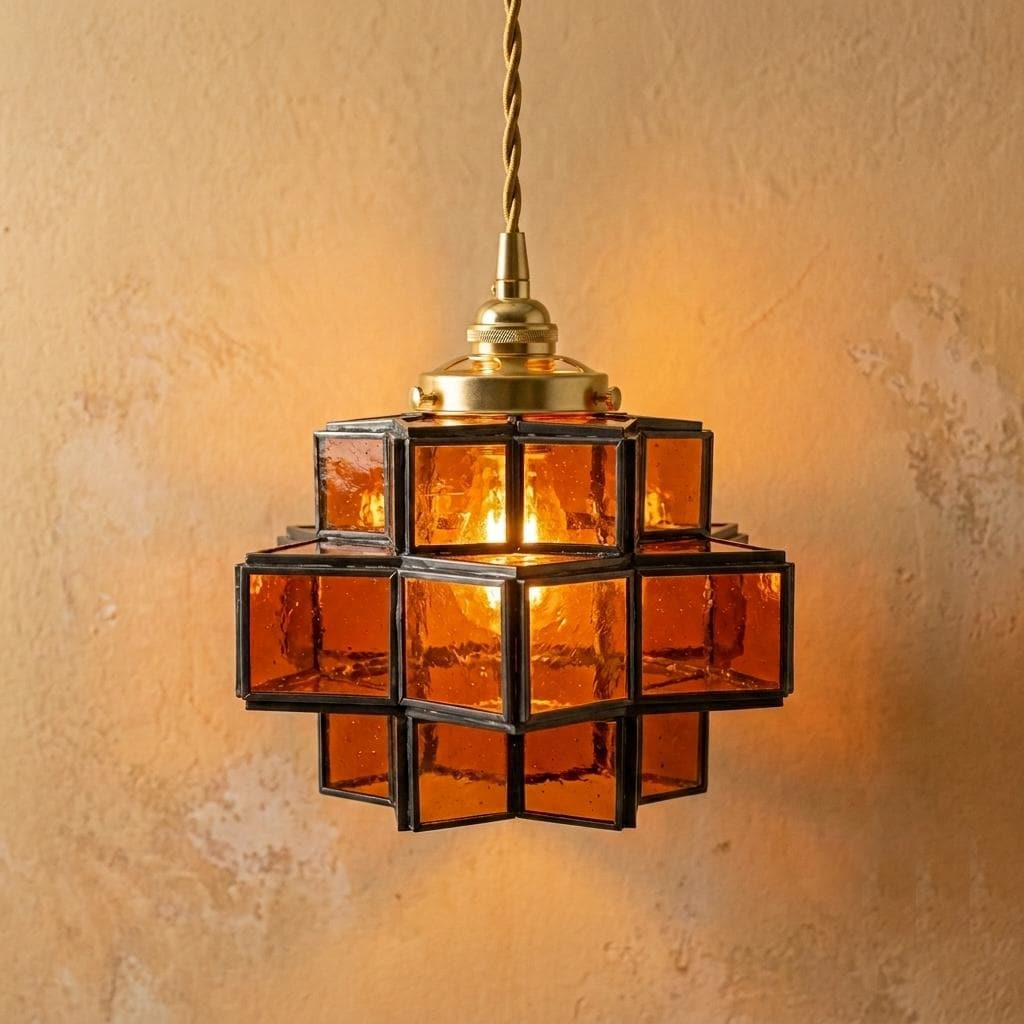 Handmade Amber Geometric Stained Glass Pendant Light, Tiered Cube Hanging Lamp