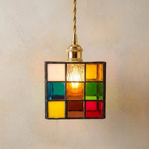 Suspension en vitrail coloré, lampe carrée en mosaïque, luminaire d'appoint bohème