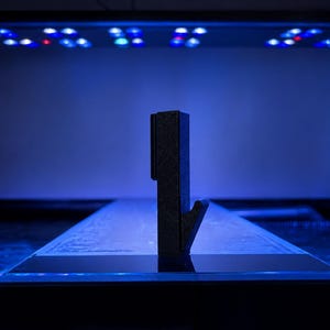 Könnte beinhalten: Eine schwarze, L-förmige Halterung mit strukturierter Oberfläche, die vertikal auf einer flachen, reflektierenden Fläche steht. Das Objekt besteht aus einem geraden, aufrechten Schaft und einem kürzeren, abgewinkelten Arm, beleuchtet durch blaues Licht.
