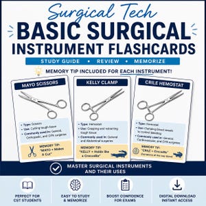 Könnte beinhalten: Lernkarten für chirurgische Instrumente. Die Karten zeigen Mayo-Schere, Kelly-Klemme und Crile-Klemme, mit Beschreibungen ihrer Verwendung und Merkhilfen. Der Titel lautet "Surgical Tech Basic Surgical Instrument Flashcards".
