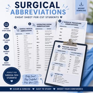 May include: A blue and white cheat sheet titled "Surgical Abbreviations" for CST students. The sheet includes sections on general medical, operating room, and surgical procedure abbreviations, plus prefixes and suffixes. It also features study tips and a quick reference guide.
