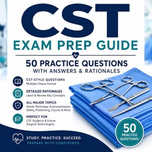 Op de afbeelding: Een CST-examenvoorbereidingsgids met de tekst CST EXAM PREP GUIDE, 50 PRACTICE QUESTIONS WITH ANSWERS & RATIONALES, en een stapel blauwe chirurgische doeken met daarop zilverkleurige metalen chirurgische instrumenten zoals scharen en een scalpel.