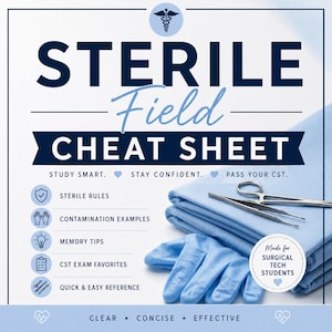 May include: A blue and white "Sterile Field Cheat Sheet" with text including "Study Smart," "Stay Confident," and "Pass Your CST." The image also shows surgical tools, gloves, and a surgical drape. The text says "Made for Surgical Tech Students."