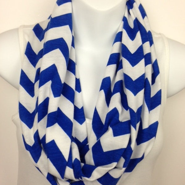 Royal Blue and White Chevron Jersey Knit Infinity Scarf