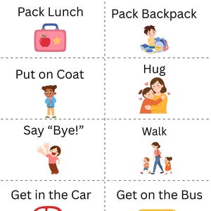 以下が含まれることがあります： The Intervention Vaultと題されたBack to School Routine Cardsのセット。Pack Lunch、Pack Backpack、Put on Coat、Hug、Say Bye、Walk、Get in the Car、Get on the Busという8つのタスクが、カラフルなアイコンと共にグリッド形式で描かれています。