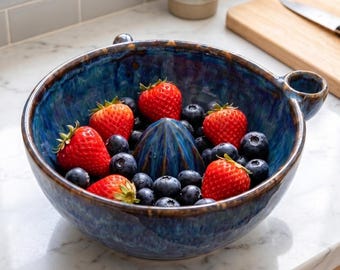 Lavador de frutas tipo vórtice, cuenco de cerámica hecho a mano, colador para limpiar frutas con remolino de agua incorporado.