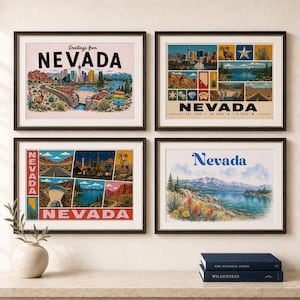 Peut inclure: Quatre cadres muraux illustrant le Nevada. En haut à gauche, un paysage avec un mouflon et le texte Greetings from NEVADA. En haut à droite, un collage avec le texte NEVADA EST 1864. En bas à gauche, un collage avec le texte NEVADA. En bas à droite, un paysage de lac et de montagnes avec le texte Nevada.