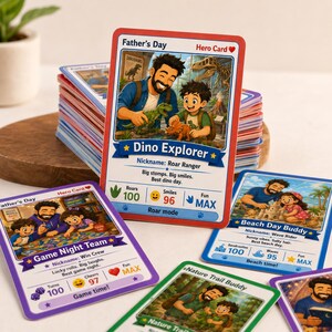 May include: A stack of Father's Day Hero Cards featuring colorful illustrations of a parent and child. The top card is titled Dino Explorer with stats for Roars, Smiles, and Fun. Other cards include Game Night Team, Beach Day Buddy, and Nature Trail Buddy, each displaying unique nicknames, stats, and descriptive text.
