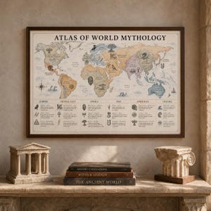 May include: A framed wall map titled Atlas of World Mythology featuring a global map with illustrations of mythical creatures and symbols across continents, with a detailed legend at the bottom listing traditions from Europe to Oceania.