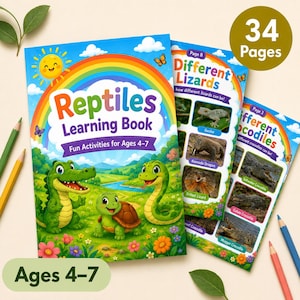 Peut inclure: Un livre d'apprentissage sur les reptiles pour les 4-7 ans avec un arc-en-ciel coloré, un crocodile, une tortue et un serpent en dessin animé sur la couverture. Le livre contient 34 pages avec du contenu éducatif sur divers lézards et crocodiles.