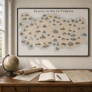 Pode incluir: Um mapa de parede emoldurado intitulado Places to See in Türkiye, apresentando um fundo bege com ilustrações detalhadas em tinta preta de monumentos por todo o país, incluindo nomes de cidades e fronteiras geográficas.