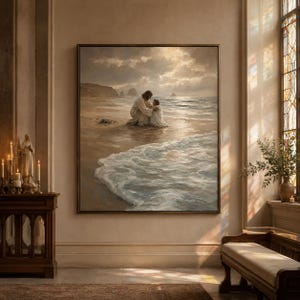 Pintura a Oleo Jesus Consolando Crianca na Praia, Quadro Cristao Costeiro, Poster de Fe, Download Digital