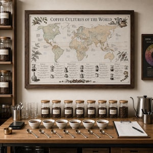 May include: A framed wall map titled Coffee Cultures of the World displaying global regions and brewing methods. Below, eight glass jars with wooden lids contain coffee beans, alongside six white bowls, silver spoons, and a cupping notes pad.