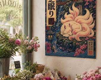 Arte Japonesa Kitsune Branca, Poster Raposa Nove Caudas Ukiyo-e (Download Digital)
